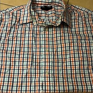 🔥 5 for 20🔥 Banana Republic Men's Blue and Orange Plaid Shirt L